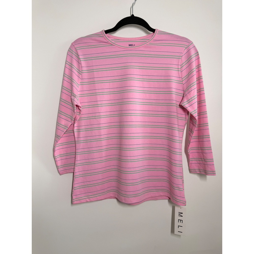 MELI Flat Striped Crew Tee Women Large Pink NWT 3/4 Sleeve Cotton Blend MEL4017